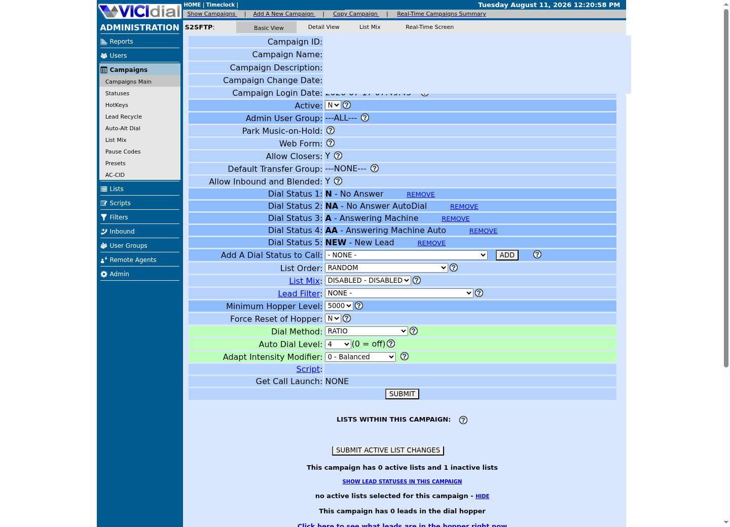 Sanitized VICIdial campaign detail page showing dialing, hopper, script, and call-launch settings