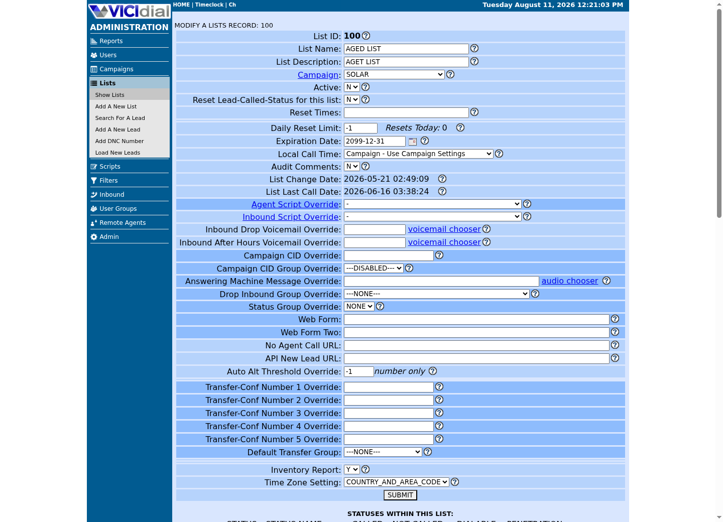 Sanitized VICIdial list detail page showing list state, reset, time, script, and URL override settings