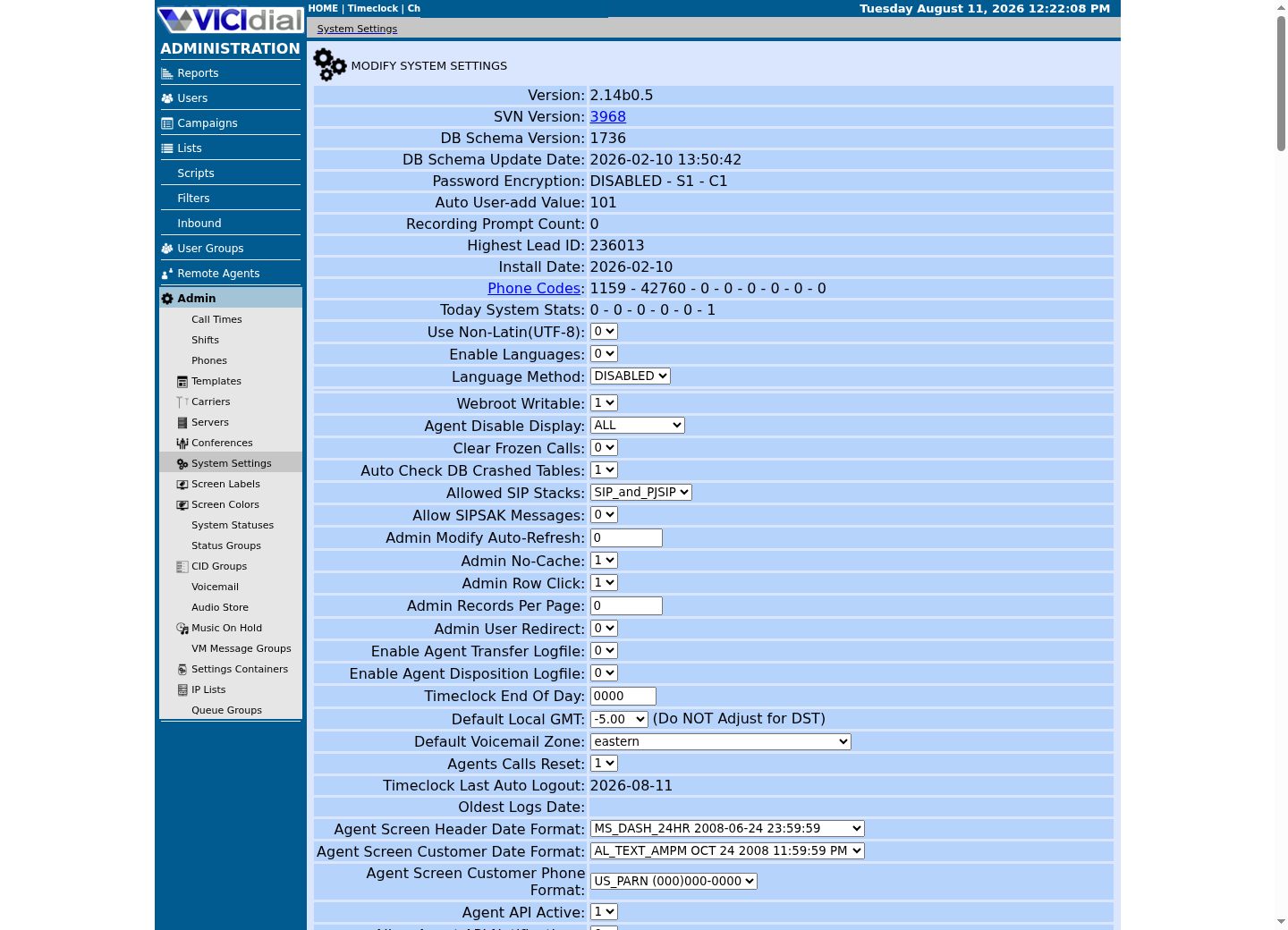 Sanitized VICIdial Modify System Settings page showing revision, schema, interface, SIP-stack, and API-related controls