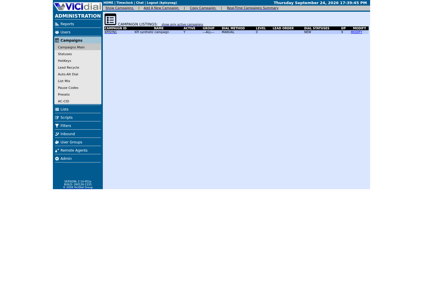 Sanitized VICIdial Campaign Listings page showing only the fixture campaign row