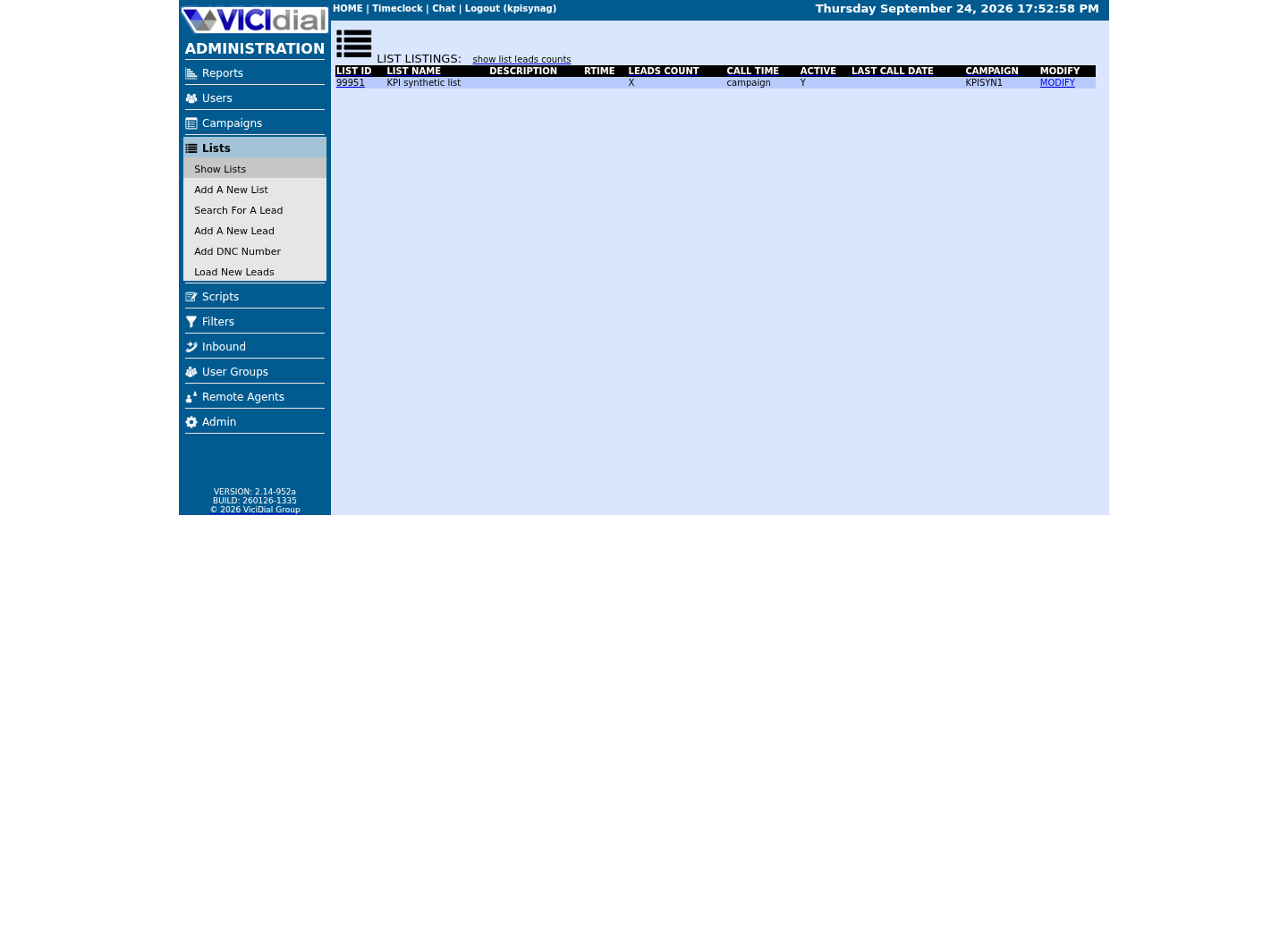 Sanitized VICIdial List Listings page showing only the fixture list row