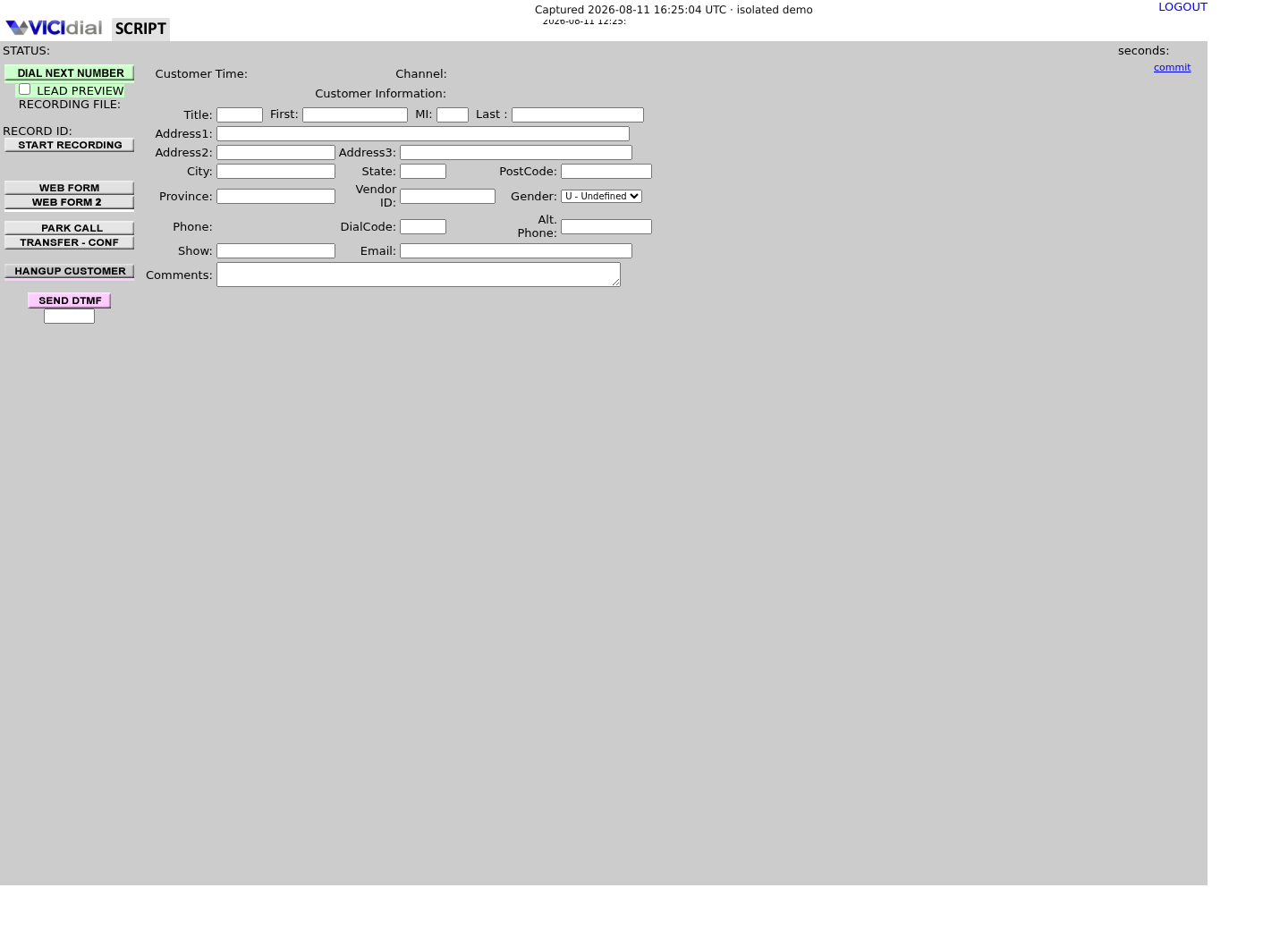 Sanitized logged-in VICIdial Agent screen in an idle no-live-call state with blank customer fields