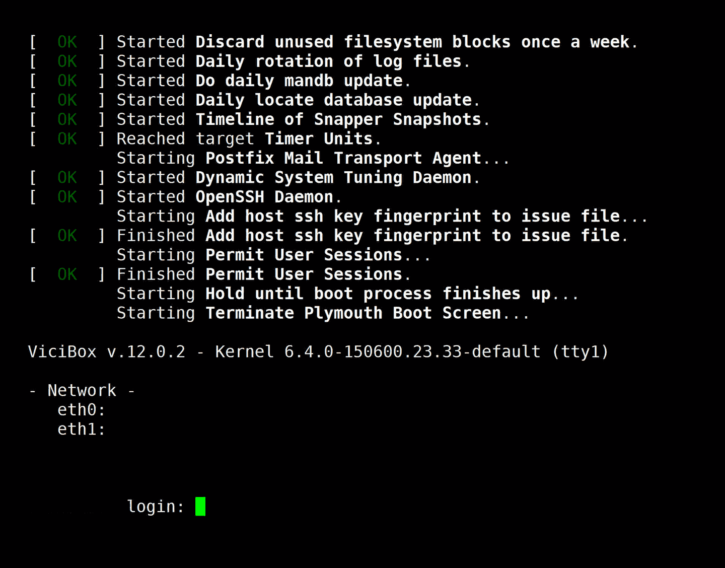 Console login prompt after ViciBox Phase 1 finishes, showing ViciBox v.12.0.2 and kernel 6.4.0-150600.23.33-default, with the host name masked