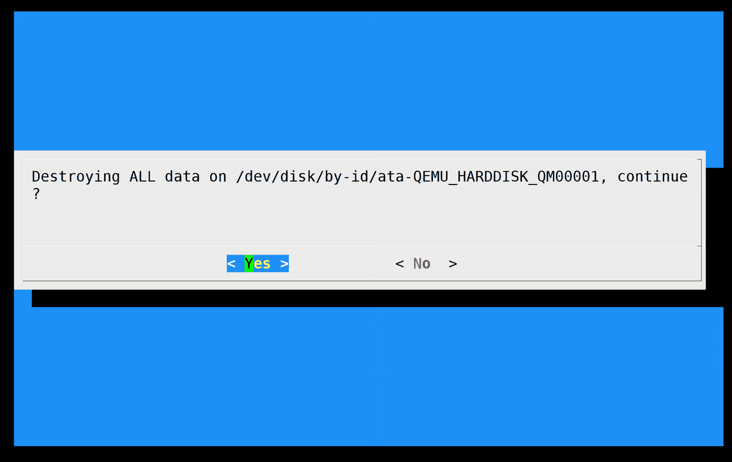 ViciBox installer dialog confirming destruction of all data on a named virtual disk