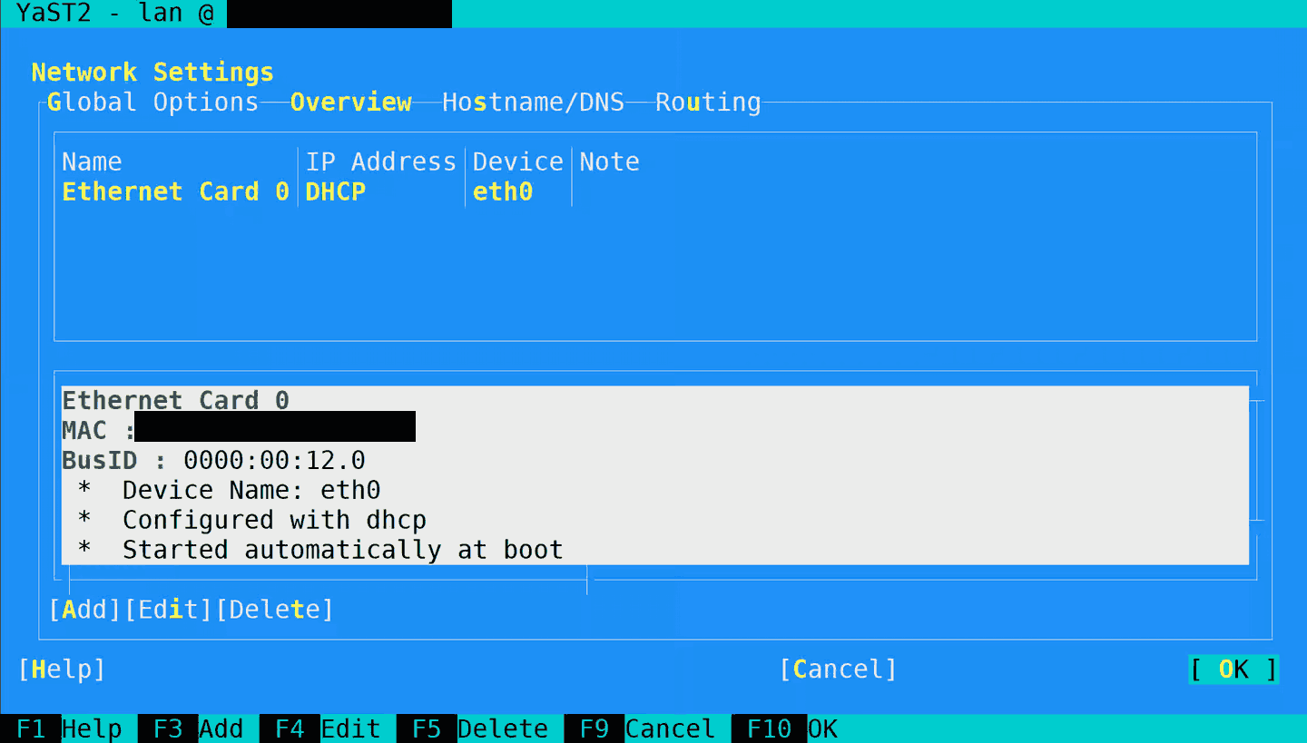 YaST2 Network Settings overview screen during ViciBox setup, with host name and MAC address masked
