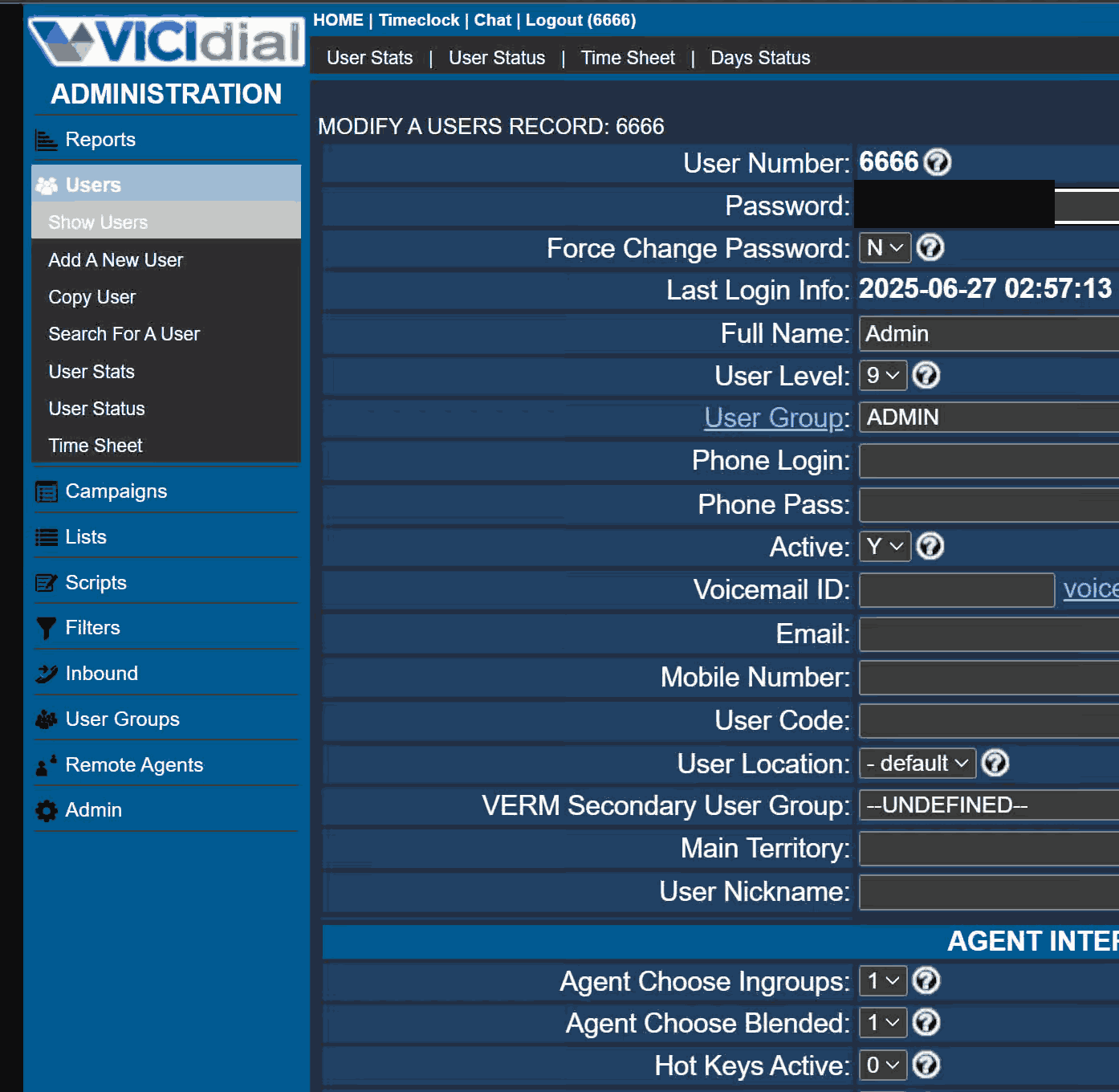 VICIdial Administration page for changing user 6666's password, with the example password masked