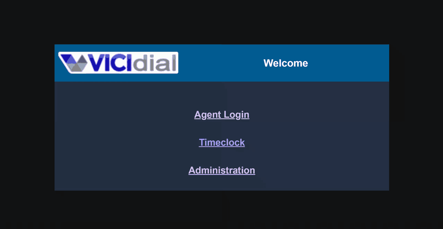 VICIdial web Welcome page with Agent Login, Timeclock, and Administration links