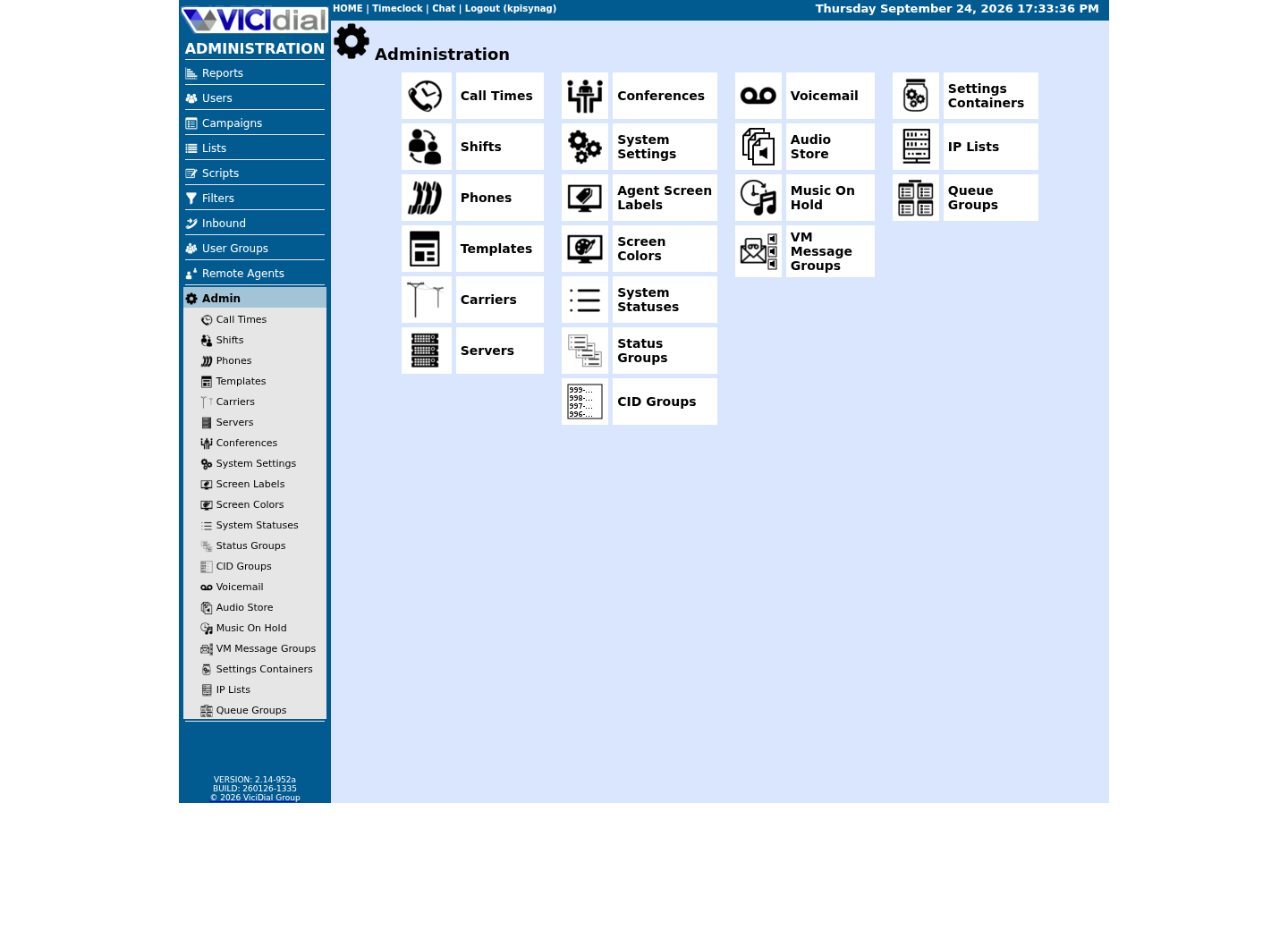 Sanitized VICIdial Administration menu showing phones, carriers, servers, system settings, and system statuses