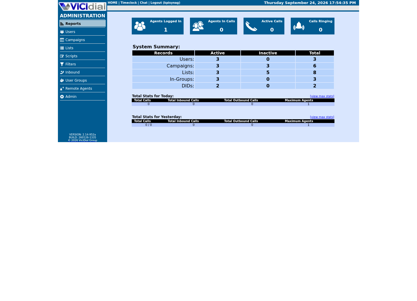 Sanitized VICIdial Administration home page with navigation and aggregate system counts