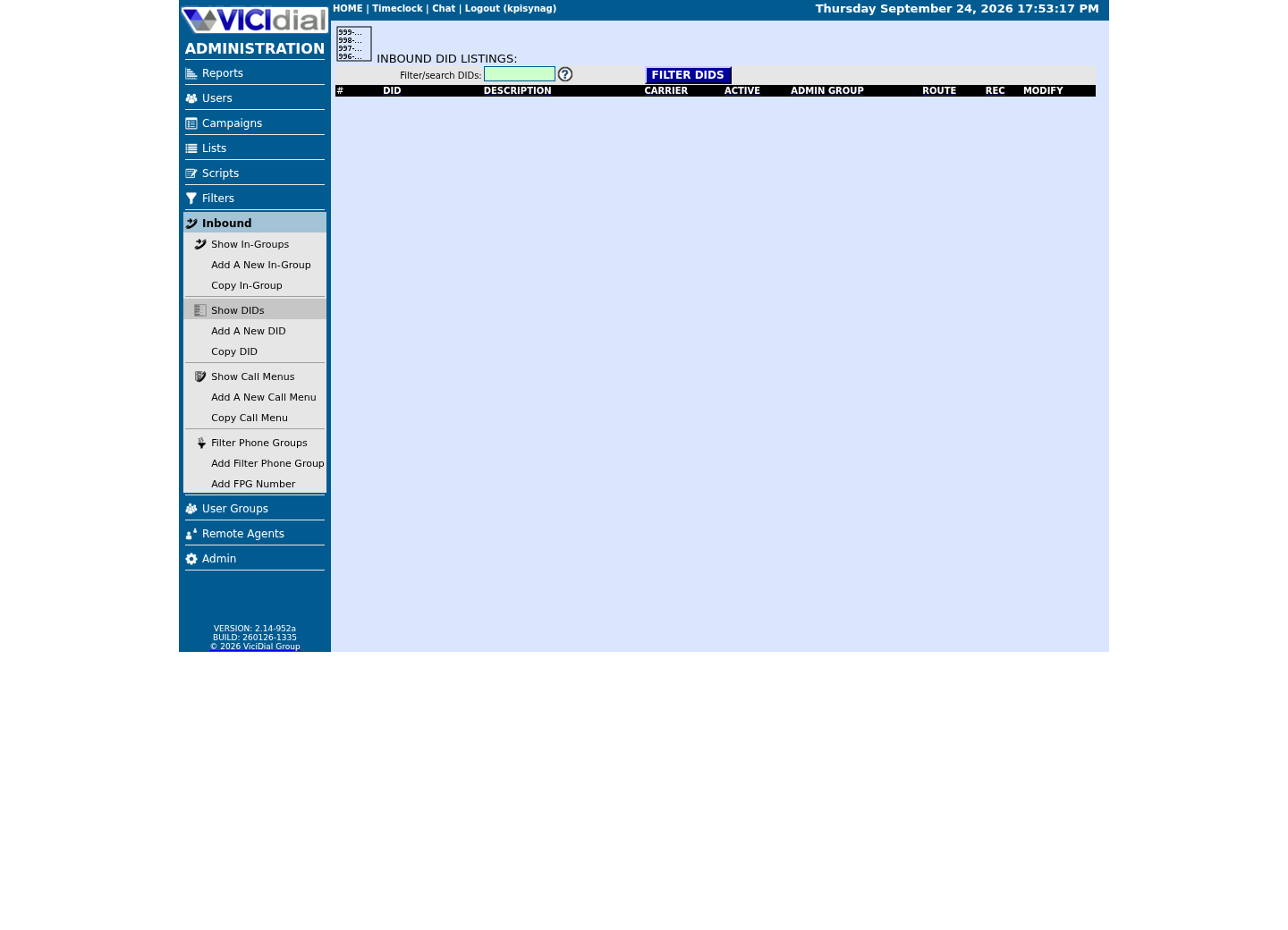 Sanitized VICIdial DID Listings page with no DID rows present on the isolated demo
