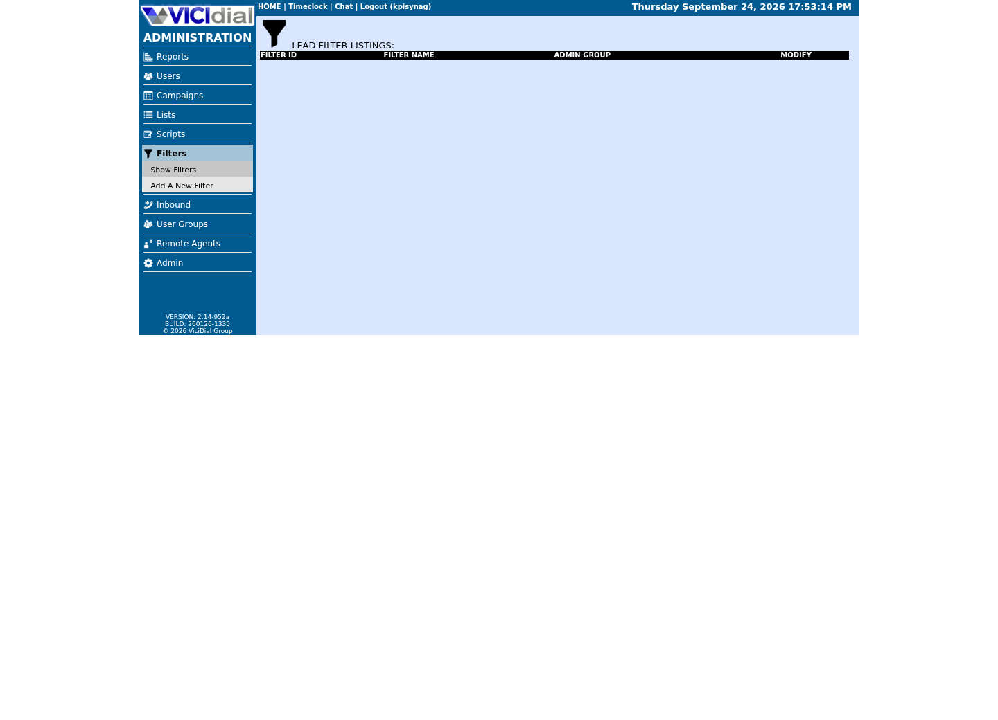 Sanitized VICIdial Lead Filter Listings page showing where filters are managed