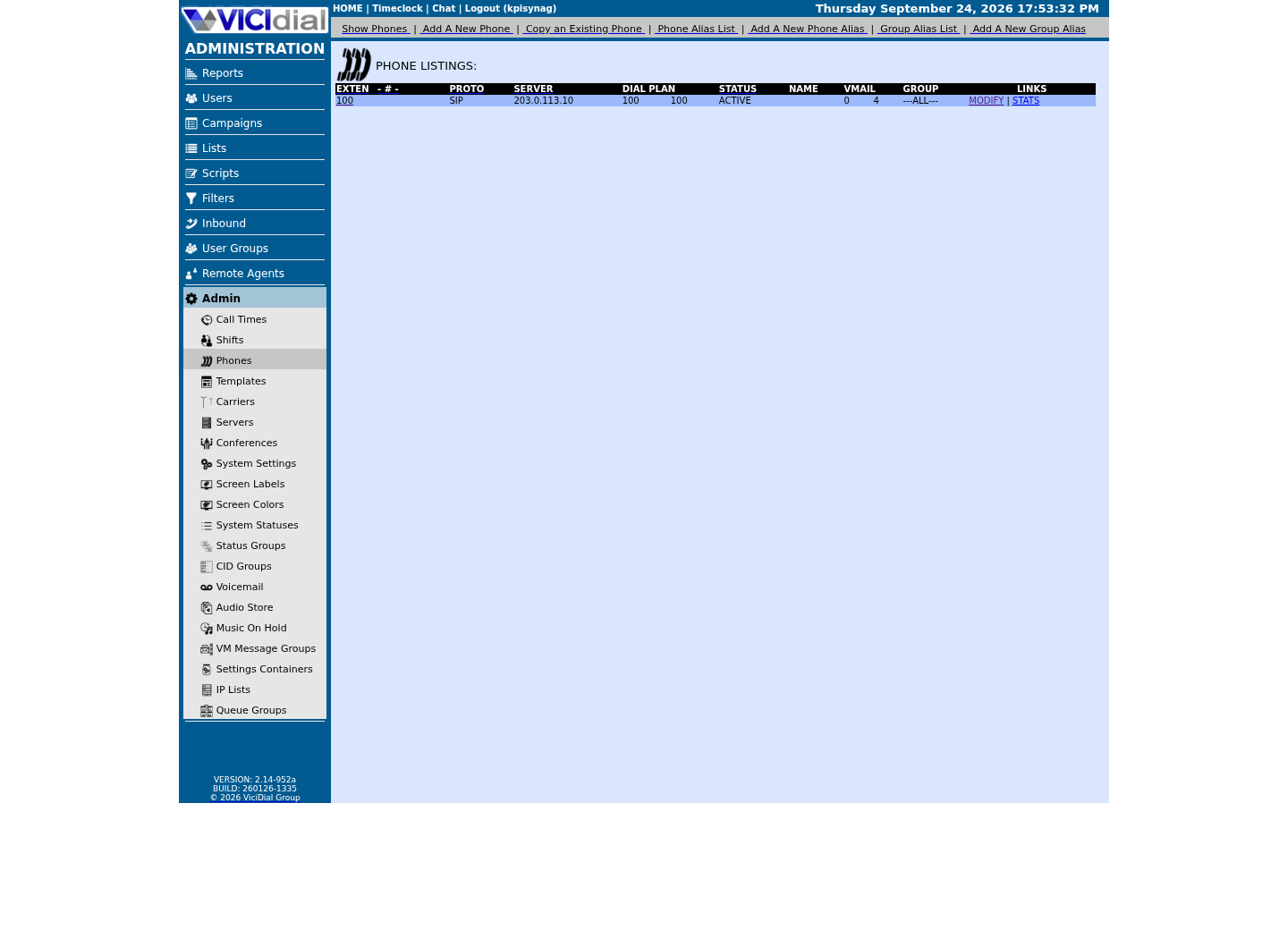 Sanitized VICIdial Phone Listings page showing only the fixture phone extension