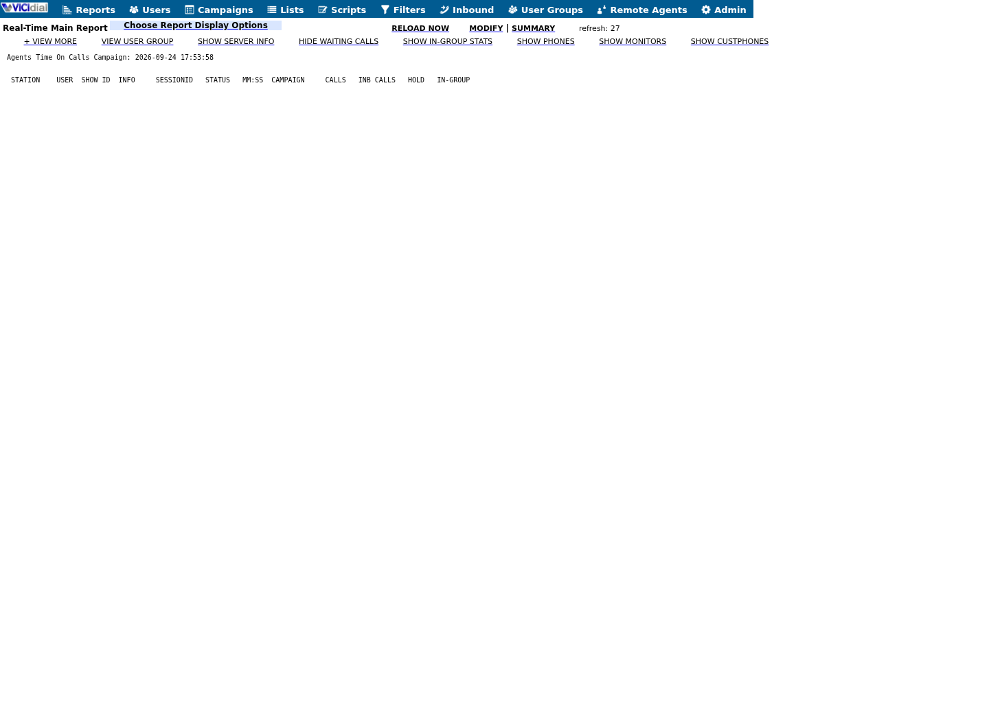 Sanitized VICIdial Real-Time Main Report in a live-format layout with zero agent or call activity