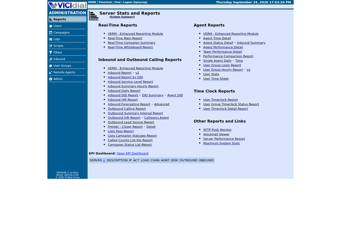 Sanitized VICIdial Server Stats and Reports index showing report categories without report rows