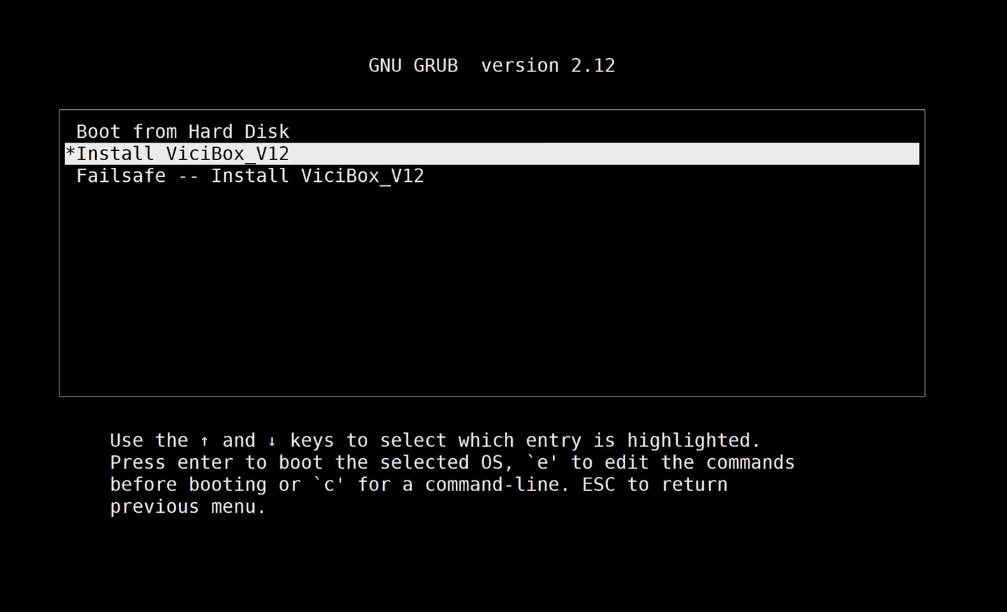 GNU GRUB boot menu on a Vicigeek test VPS with Install ViciBox_V12 highlighted