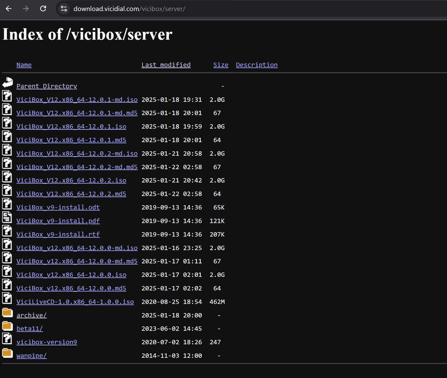 Directory listing of ViciBox server ISO downloads on download.vicidial.com, viewed in a browser